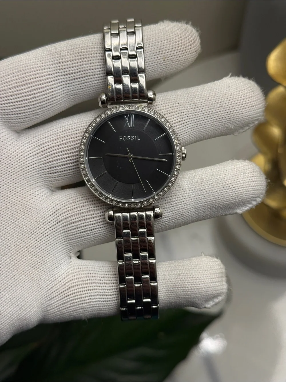Fossil Women's Silver Stainless Steel Watch with Black Dial